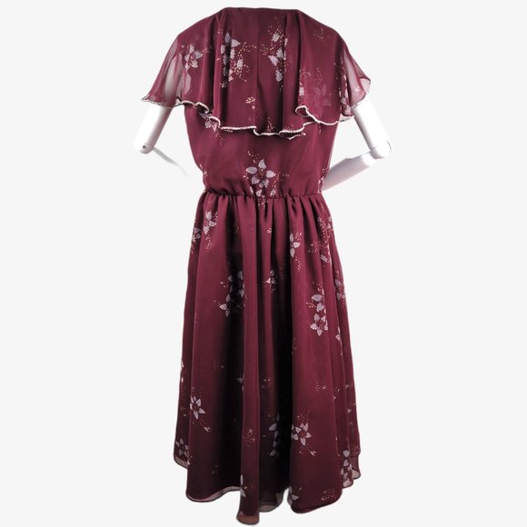 Vintage 1970s Romantic Sheer Ruffle Dress Burgundy Floral Rhinestone Trim Disco - Picture 8 of 12